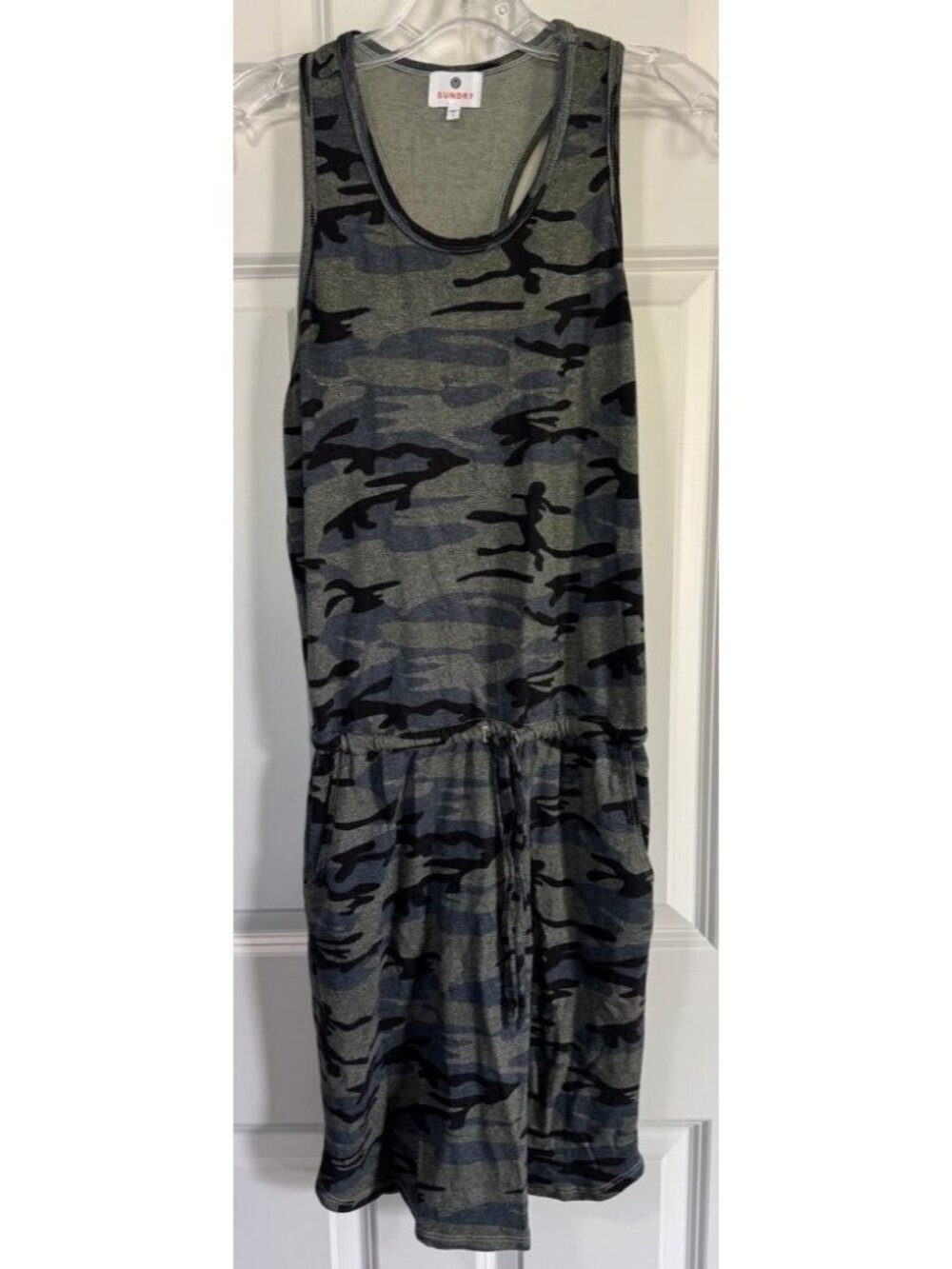 Sundry Camo Racerback Tank Dress Drawstring Waist Pockets Women's Size 1 Small - Picture 2 of 9